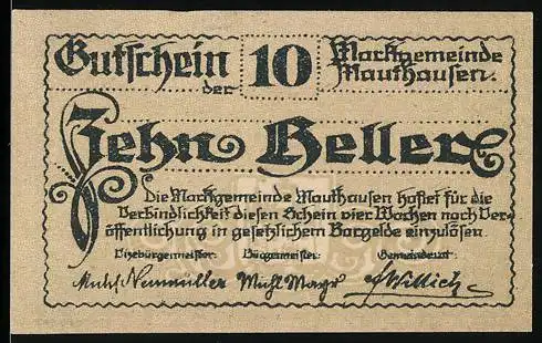 Notgeld Mauthausen, 10 Heller, Stadtansicht von Mauthausen 1619, dekorative Umrandung