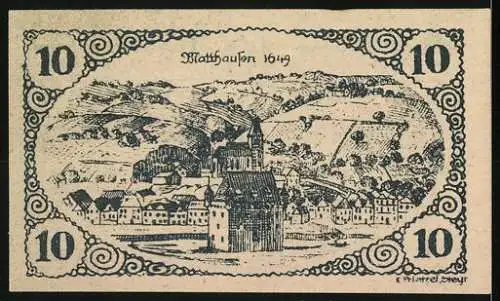 Notgeld Mauthausen, 10 Heller, Stadtansicht von Mauthausen 1619, dekorative Umrandung