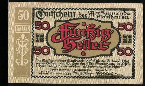 Notgeld Mauthausen, 50 Heller, Marktszene von 1649, dekorative Schrift und Ornamente