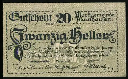 Notgeld Mauthausen, 20 Heller, Stadtansicht von Mauthausen 1649, dekorative Umrandung