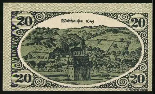 Notgeld Mauthausen, 20 Heller, Stadtansicht von Mauthausen 1649, dekorative Umrandung