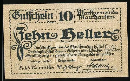 Notgeld Mauthausen 1921, 10 Heller, Stadtansicht mit Kirche und umliegender Landschaft