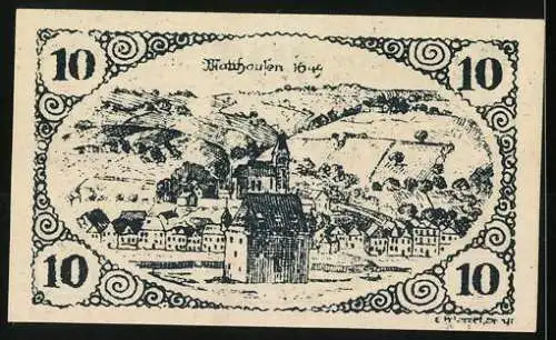 Notgeld Mauthausen 1921, 10 Heller, Stadtansicht mit Kirche und umliegender Landschaft