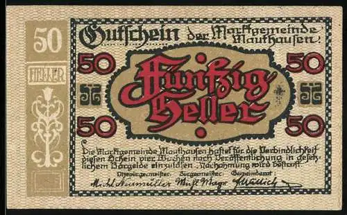 Notgeld Mauthausen, 50 Heller, historisches Stadtbild von 1649 mit Wappen und dekorativem Schriftzug