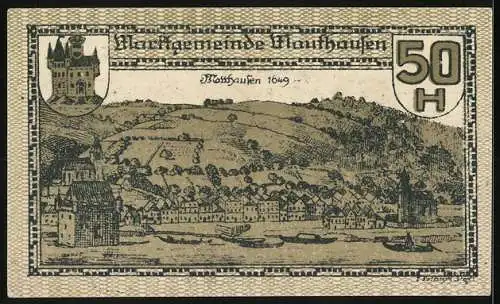 Notgeld Mauthausen, 50 Heller, historisches Stadtbild von 1649 mit Wappen und dekorativem Schriftzug