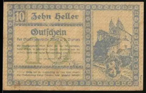 Notgeld Melk an der Donau, 10 Heller, Darstellung einer Burg und Landschaftsszene