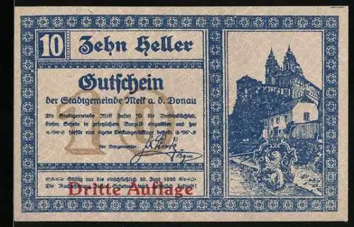 Notgeld Melk 1920, 10 Heller, Kloster und Stadtwappen, Dritte Auflage