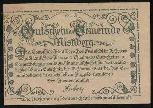 Notgeld Mistlberg 1920, 80 Heller, Weidegut Thurnhof mit Rindern und Gebäude