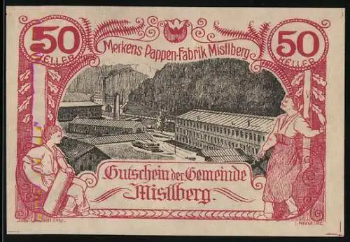 Notgeld Mistlberg 1920, 50 Heller, Merkens Pappen-Fabrik, Arbeiter und Berglandschaft