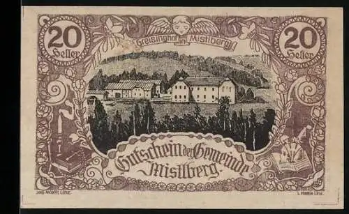 Notgeld Mistlberg 1920, 20 Heller, Dorflandschaft mit dekorativem Rahmen