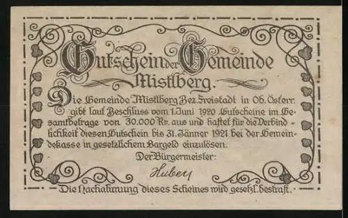Notgeld Mistlberg 1920, 20 Heller, Dorflandschaft mit dekorativem Rahmen