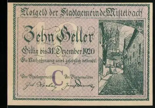 Notgeld Mistelbach 1920, 10 Heller, Stadtansicht und historische Gebäude