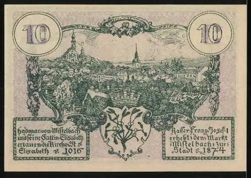 Notgeld Mistelbach 1920, 10 Heller, Stadtansicht und historische Gebäude