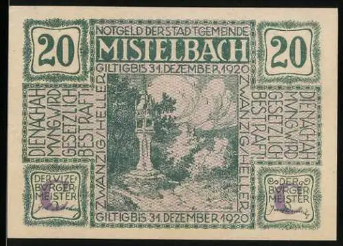 Notgeld Mistelbach 1920, 20 Heller, Landschaft mit Denkmal und Stadtansicht, Bürgermeister-Signatur