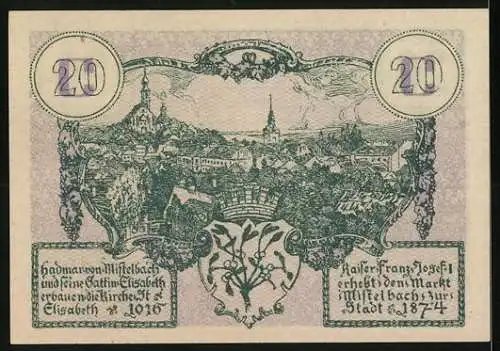 Notgeld Mistelbach 1920, 20 Heller, Landschaft mit Denkmal und Stadtansicht, Bürgermeister-Signatur