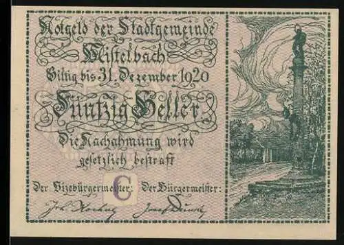 Notgeld Mistelbach 1920, 50 Heller, Stadtansicht und Statue, Kaiser Franz-Josef gewidmet