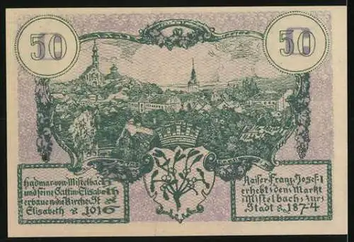 Notgeld Mistelbach 1920, 50 Heller, Stadtansicht und Statue, Kaiser Franz-Josef gewidmet