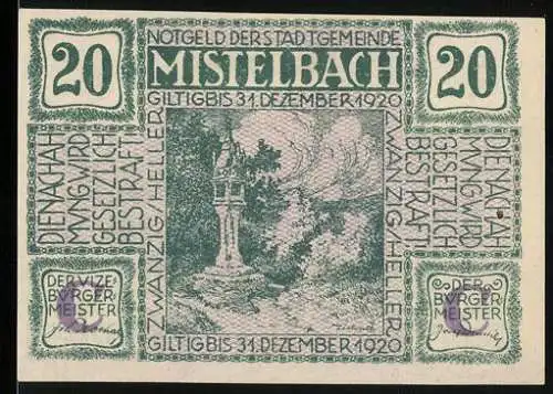 Notgeld Mistelbach 1920, 20 Heller, Landschaft mit Kirche und Denkmal, Stadtansicht mit Kaiser Franz Josef