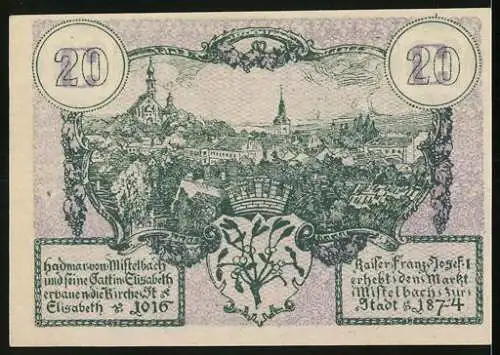 Notgeld Mistelbach 1920, 20 Heller, Landschaft mit Kirche und Denkmal, Stadtansicht mit Kaiser Franz Josef