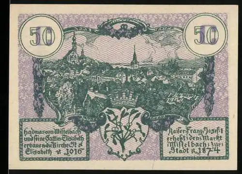 Notgeld Mistelbach 1916, 50 Heller, Stadtansicht und Inschrift zur Stadterhebung 1874