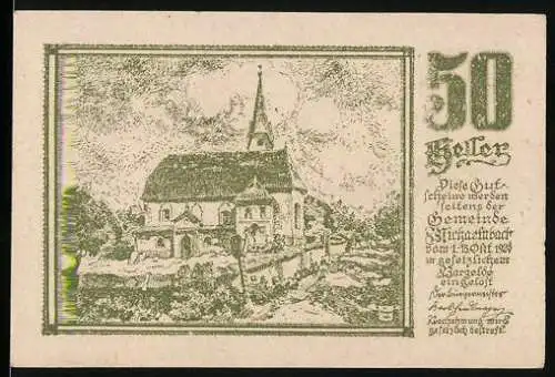 Notgeld Michaelnbach 1920, 50 Heller, Kirche und Landschaft mit Pflüger-Motiv