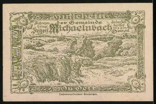 Notgeld Michaelnbach 1920, 50 Heller, Kirche und Landschaft mit Pflüger-Motiv