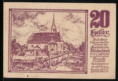 Notgeld Michaelnbach 1920, 20 Heller, Kirche und ländliche Ernteszene