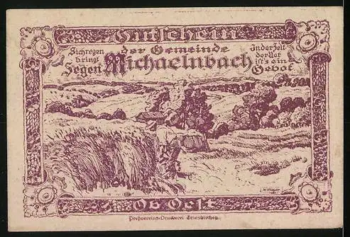 Notgeld Michaelnbach 1920, 20 Heller, Kirche und ländliche Ernteszene