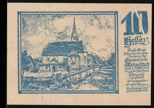 Notgeld Michaelnbach 1920, 10 Heller, Kirche und Landschaftsmotiv