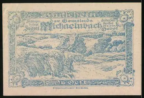 Notgeld Michaelnbach 1920, 10 Heller, Kirche und Landschaftsmotiv