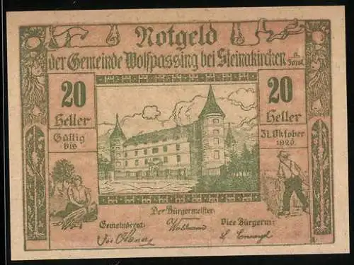 Notgeld Wolfpassing 1920, 20 Heller, Burg mit Figuren und Landschaftsmotiven