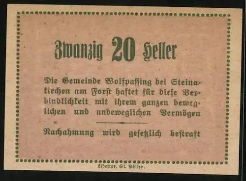 Notgeld Wolfpassing 1920, 20 Heller, Burg mit Figuren und Landschaftsmotiven