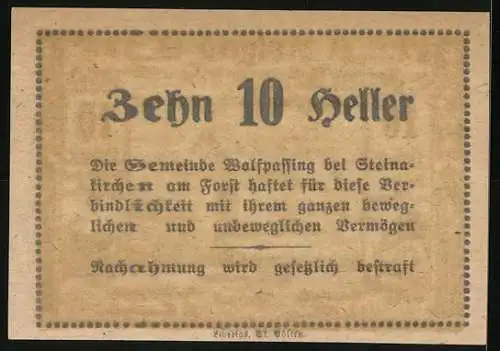 Notgeld Wolfpassing bei Steinakirchen 1920, 10 Heller, Schlossansicht und bäuerliche Szenen