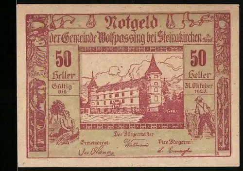 Notgeld Wolfpassing 1920, 50 Heller, Schlossansicht mit bäuerlichen Motiven und lokaler Garantieerklärung