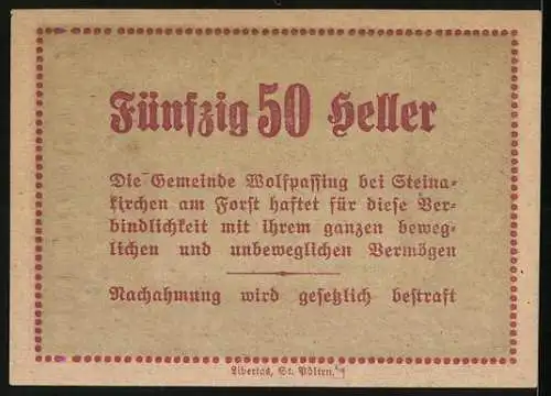 Notgeld Wolfpassing 1920, 50 Heller, Schlossansicht mit bäuerlichen Motiven und lokaler Garantieerklärung