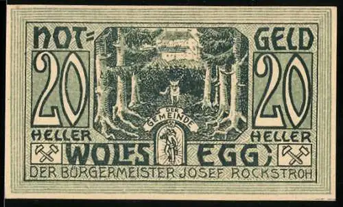 Notgeld Wolfsegg 1922, 20 Heller, Waldlandschaft mit Gemeindehaus und Wappen