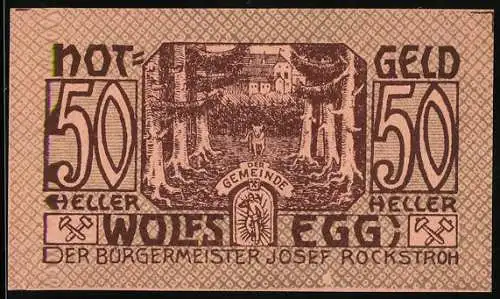 Notgeld Wolfsegg 1922, 50 Heller, Waldlandschaft und Gebäude, Josef Rockstroh, Wappen der Gemeinde