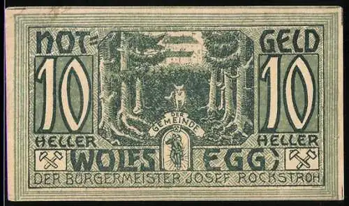 Notgeld Wolfsegg 1922, 10 Heller, Waldmotiv mit Wappen und Bürgermeisterunterschrift