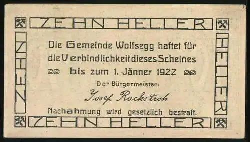 Notgeld Wolfsegg 1922, 10 Heller, Waldmotiv mit Wappen und Bürgermeisterunterschrift