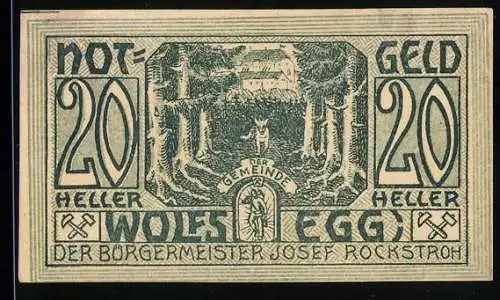 Notgeld Wolfsegg 1922, 20 Heller, Waldlandschaft mit Gebäude und Wappen der Gemeinde