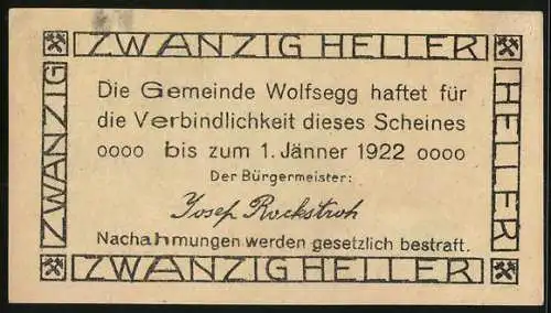 Notgeld Wolfsegg 1922, 20 Heller, Waldlandschaft mit Gebäude und Wappen der Gemeinde
