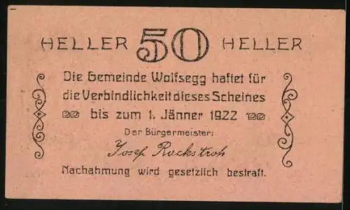 Notgeld Wolfsegg 1922, 50 Heller, Waldlandschaft mit Gebäude, Bürgermeister Josef Rockstroh