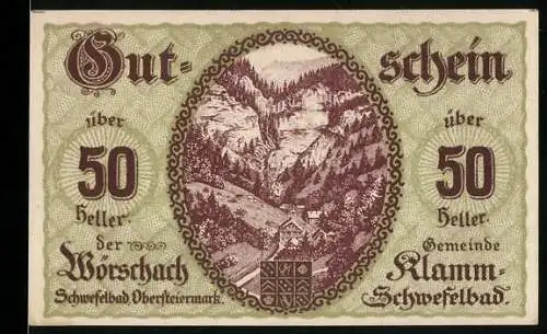 Notgeld Wörschach 1920, 50 Heller, Landschaftsmotiv mit Schlucht und Gebäude, Wappen der Gemeinde Klamm-Sulzbach