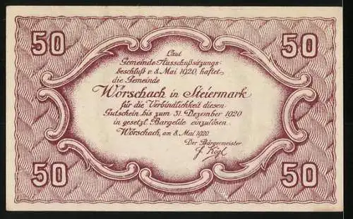 Notgeld Wörschach 1920, 50 Heller, Landschaftsmotiv mit Schlucht und Gebäude, Wappen der Gemeinde Klamm-Sulzbach