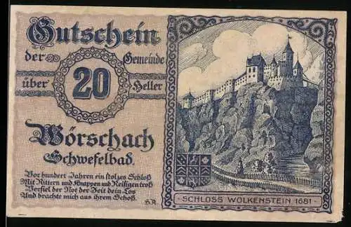 Notgeld Wörschach 1920, 20 Heller, Schloss Wolkenstein 1681, Wappen, Text zur Einlösung bis 31. Dezember 1920