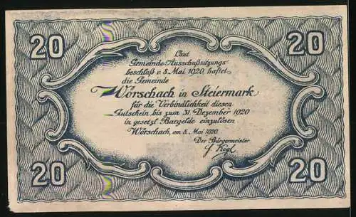 Notgeld Wörschach 1920, 20 Heller, Schloss Wolkenstein 1681, Wappen, Text zur Einlösung bis 31. Dezember 1920