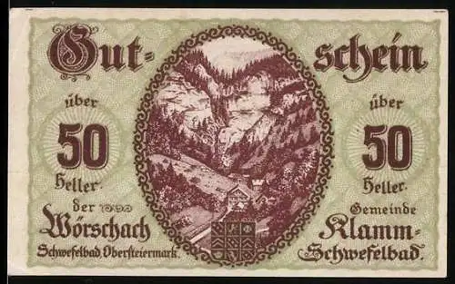 Notgeld Wörschach 1920, 50 Heller, Landschaftsmotiv mit Wappen, Text auf Rückseite