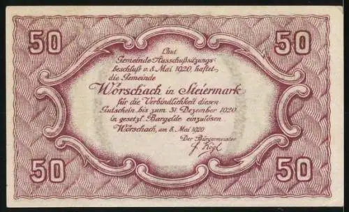 Notgeld Wörschach 1920, 50 Heller, Landschaftsmotiv mit Wappen, Text auf Rückseite