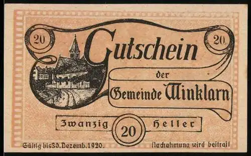 Notgeld Winklarn 1920, 20 Heller, Dorflandschaft und Schriftzug Gutschein der Gemeinde Winklarn