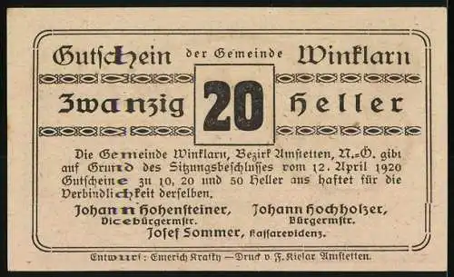 Notgeld Winklarn 1920, 20 Heller, Dorflandschaft und Schriftzug Gutschein der Gemeinde Winklarn